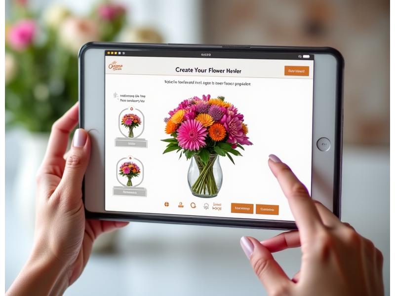 Interfaz de constructor visual de arreglos florales con opciones de flores y previsualización