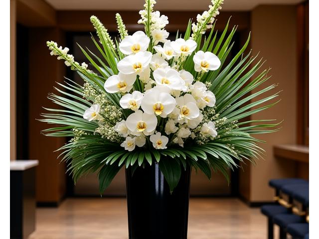 Recepción de evento corporativo con grandes arreglos florales