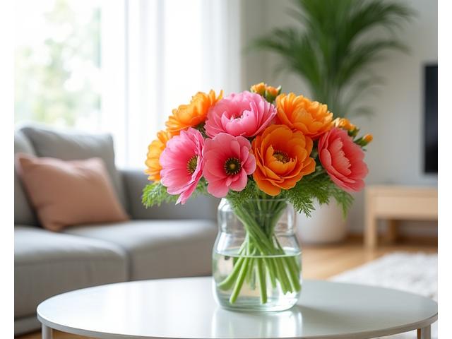 Arreglo floral en un salón moderno de una casa