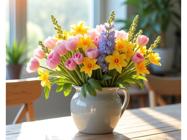 Arreglo floral primaveral con tulipanes y jacintos en tonos pastel