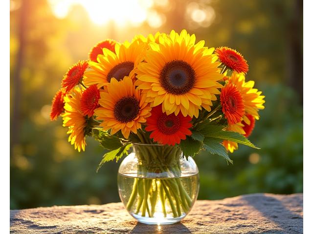 Arreglo floral veraniego con girasoles y gerberas en tonos cálidos