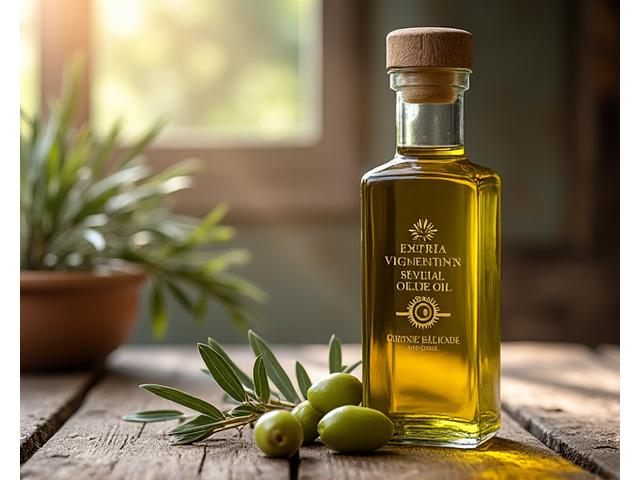 Botella de aceite de oliva virgen extra premium de un productor sevillano, con aceitunas frescas a su lado.