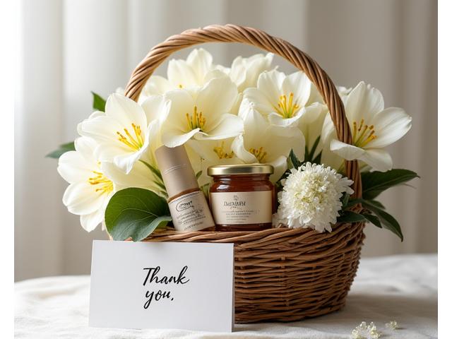 Cesta de agradecimiento con un ramo elegante de flores blancas, una selección de productos locales y una tarjeta personalizada.