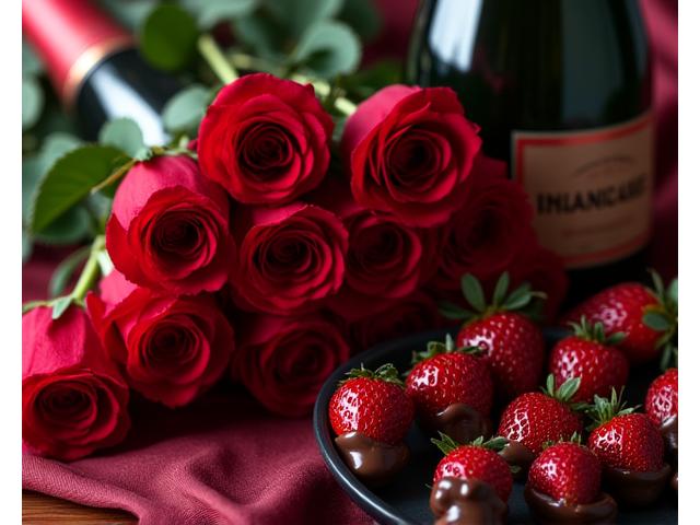 Cesta de aniversario con rosas rojas de tallo largo, una botella de champán y fresas frescas bañadas en chocolate.