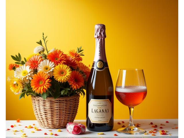 Cesta de celebración con flores festivas, una botella de cava, galletas y serpentinas de colores.