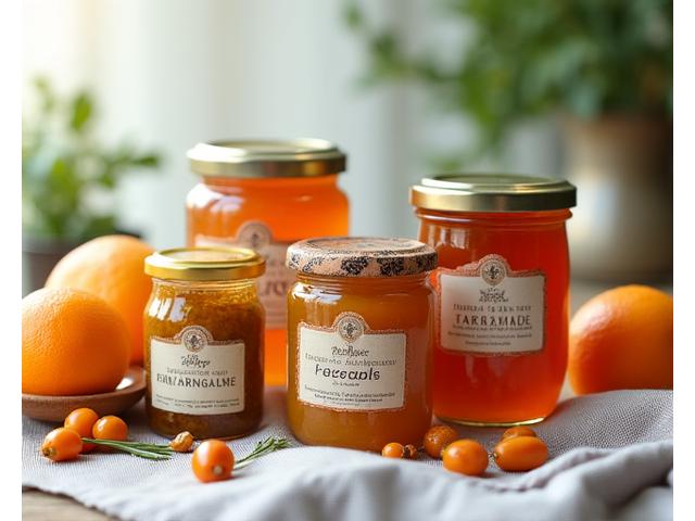 Tarros de mermeladas de frutas de temporada y paté casero, con etiquetas rústicas indicando su origen artesanal.