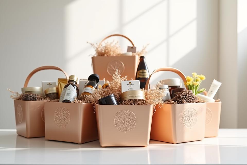 Un conjunto de cestas de regalo corporativas apiladas, con un diseño elegante y logotipos discretos de empresa.