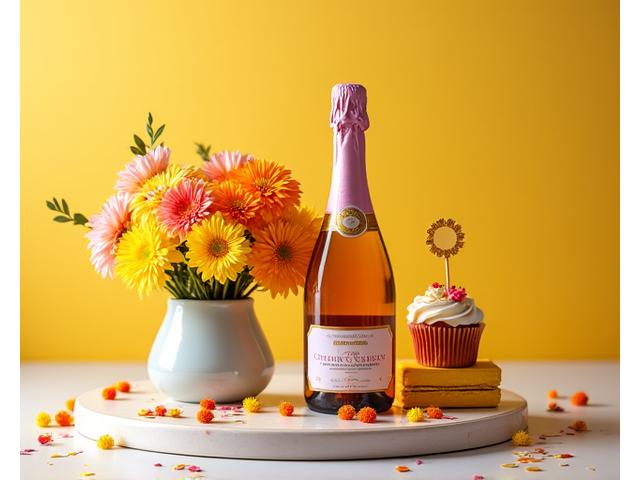 Cesta de cumpleaños con flores alegres, un pequeño pastel y globos de celebración.