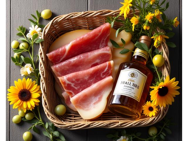 Cesta gourmet andaluza con flores locales, una botella de aceite de oliva premium y embutidos.