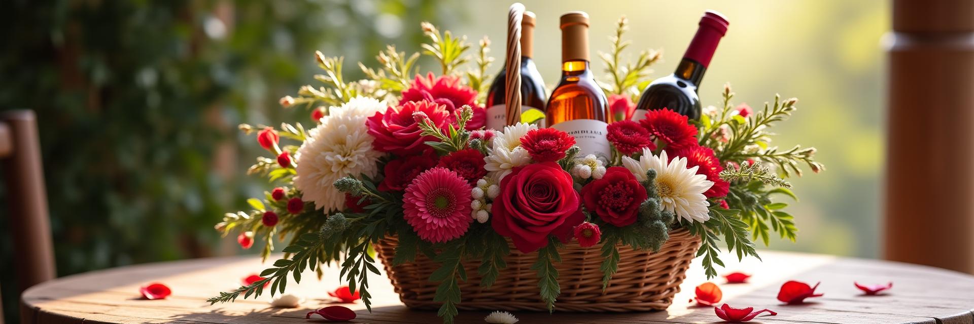 Cesta de regalo exquisita con flores frescas de colores vivos y productos gourmet andaluces, sobre un fondo suave y elegante.