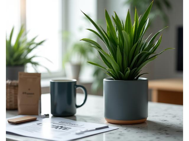 Cesta para inauguración de oficina con una planta de interior verde, café gourmet y una tarjeta corporativa.
