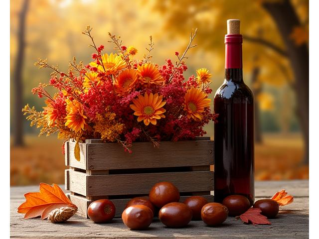 Cesta de otoño con flores en tonos cálidos, castañas asadas y una botella de vino tinto robusto.