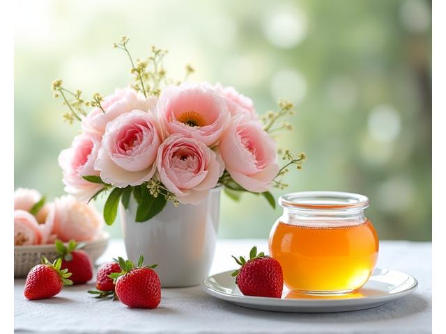 Cesta de primavera con flores en tonos pastel, fresas frescas y miel de azahar.