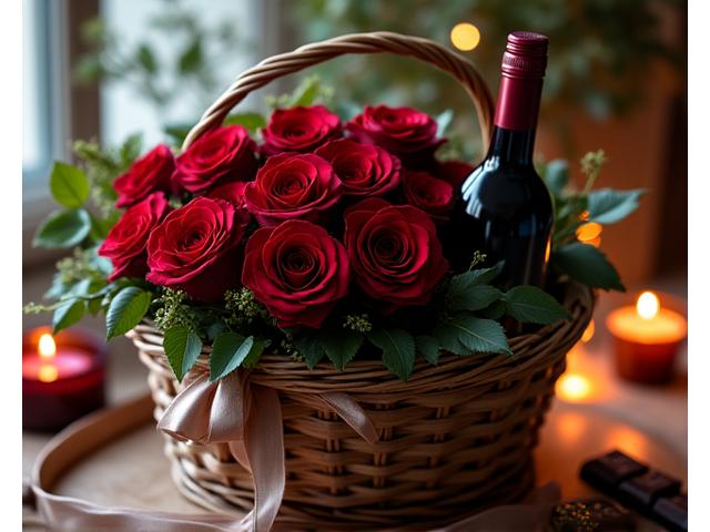 Cesta romántica con rosas rojas, una botella de vino tinto y bombones de chocolate artesanal.