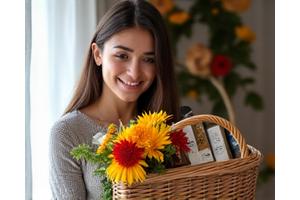Joven sonriente sosteniendo una cesta con flores y productos locales, con expresión de gratitud.