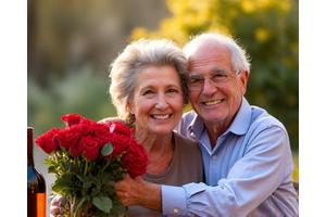 Pareja mayor sonriente recibiendo una cesta de flores y vino en su aniversario.