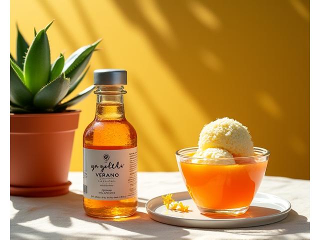 Cesta de verano con plantas suculentas, una botella de gazpacho gourmet y helados artesanales en copas.