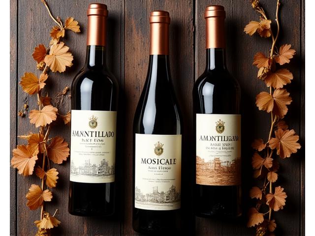 Varias botellas de vinos andaluces como fino, amontillado y moscatel, dispuestas elegantemente sobre una mesa de madera.
