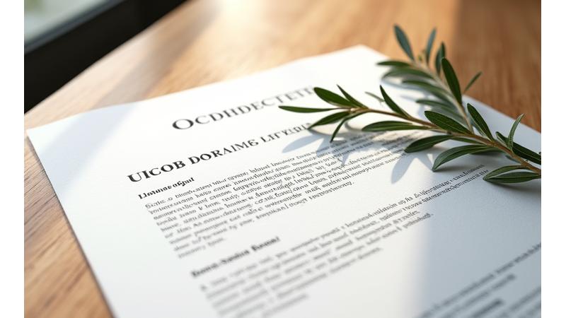 Un documento legal en una mesa de madera con un bolígrafo y una rama de olivo, simbolizando la claridad y la naturaleza.