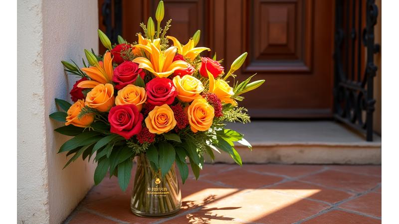 Un elegante ramo de rosas y lirios entregado, con una etiqueta que dice 'Flor de Sevilla', destacando la frescura y el cuidado.