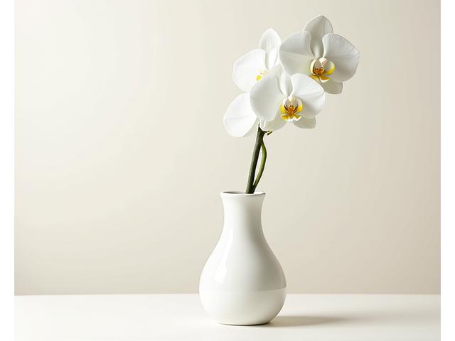 Arreglo floral minimalista con un solo tallo de orquídea blanca y hojas de monstera en un jarrón de cerámica simple.