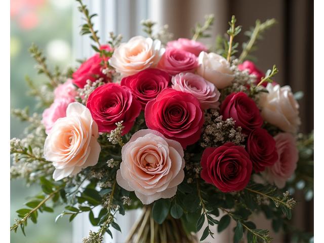 Ramo de rosas rosadas y peonías blancas en un estilo romántico y exuberante, con cintas de seda.