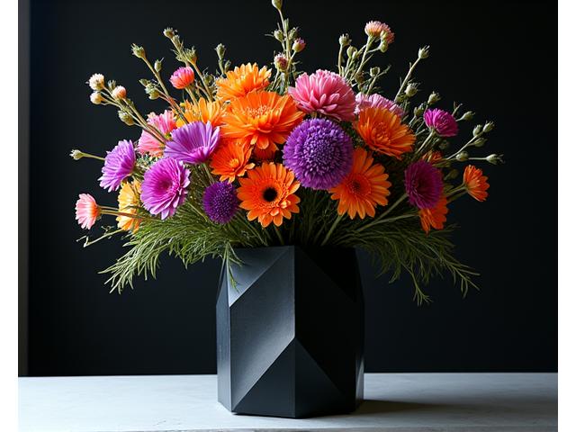 Composición floral vanguardista con flores de colores intensos y formas geométricas, en un entorno moderno.