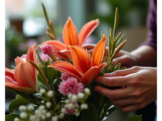 Manos de florista creando un elaborado arreglo floral personalizado en un taller de arte floral.