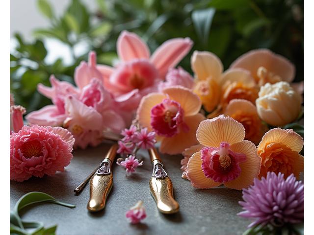 Primer plano de una selección de flores exóticas y herramientas de floristería sobre una mesa.