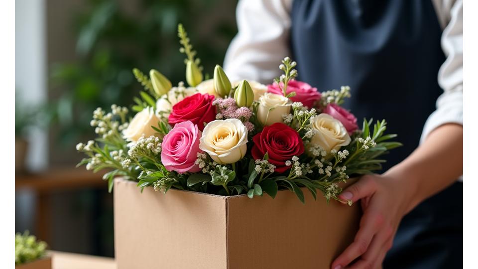 Manos expertas de un florista colocando un arreglo floral en una caja de transporte especializada con materiales sostenibles, mostrando el cuidado en el empaque.