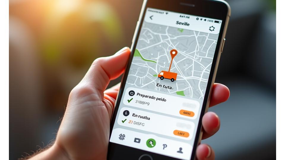 Interfaz de una aplicación móvil mostrando un mapa con un icono de camión en ruta y un punto de entrega cerca de su destino, con actualizaciones de estado y confirmación de entrega.
