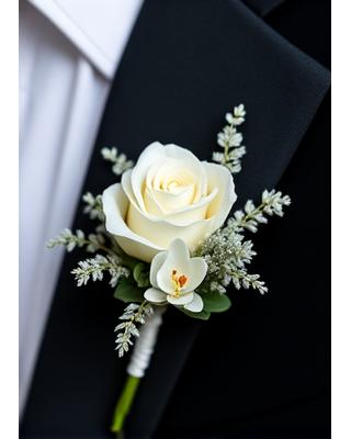 Boutonnière y corsage coordinados con flores de boda