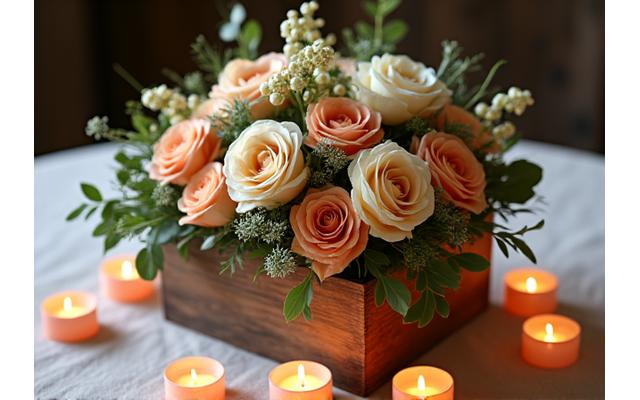 Centros de mesa bajos con flores variadas y velas flotantes