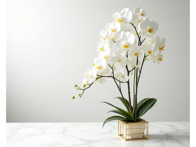 Centro de mesa moderno con orquídeas blancas y geometría minimalista