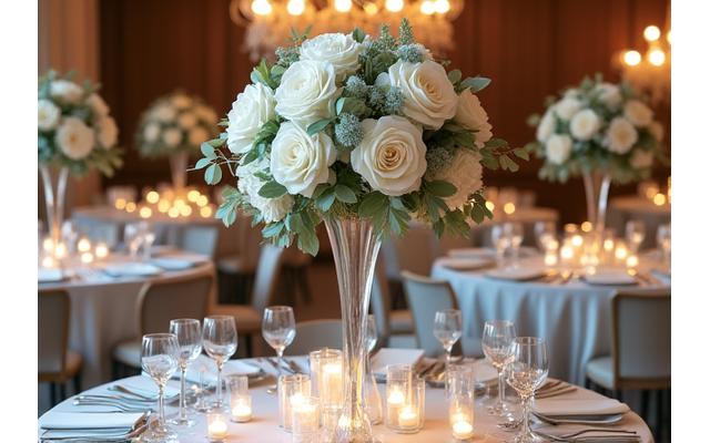 Centro de mesa alto y exuberante con candelabros y flores blancas