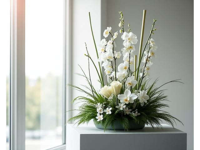 Arreglo floral moderno y asimétrico para funeral, con lineas limpias y flores minimalistas.
