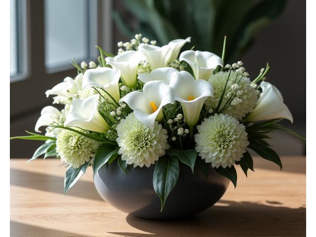 Centro de mesa floral con lirios y crisantemos, ideal para velatorios o ceremonias de condolencia.
