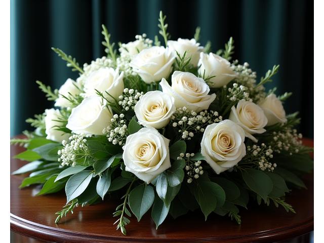 Corona fúnebre elegante con rosas blancas y lirios, diseño floral sobrio para funerales.