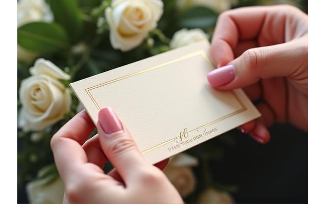 Mano sosteniendo una tarjeta de condolencia elegante sobre un ramo de flores sobrio.