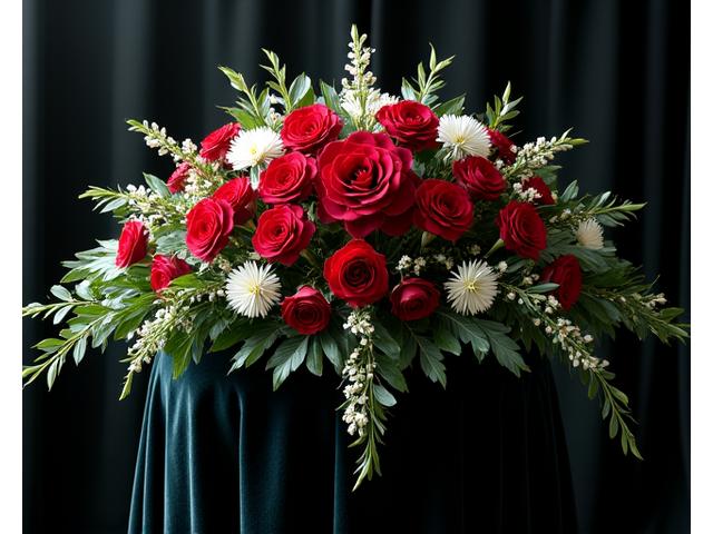 Clásica corona fúnebre con rosas rojas y claveles, diseño simétrico y formal.