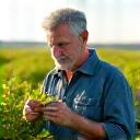 Retrato de un agricultor, Pablo García, examinando plantas verdes en un campo.