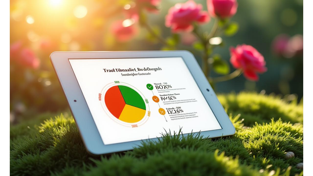 Tablero digital mostrando un gráfico circular comparando la huella de carbono de flores tradicionales vs. sostenibles, con resultados positivos y números verdes prominentes. Al fondo, un jardín floreciendo.