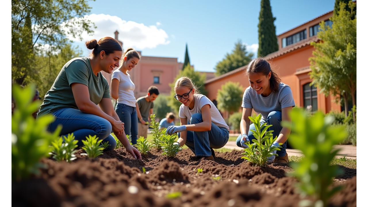 Voluntarios, jóvenes y mayores, plantando árboles en un parque urbano soleado de Sevilla. Algunas personas llevan camisetas con el logo de 'Flor de Sevilla'.