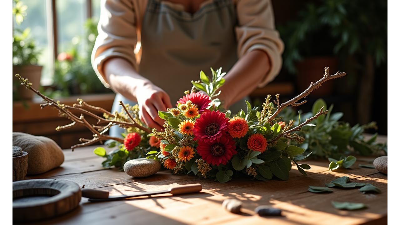 Un florista organizando un arreglo floral sobre una mesa de trabajo rústica, utilizando materiales naturales como madera flotante y hojas secas, con herramientas de jardinería tradicionales esparcidas. La composición es orgánica y armoniosa.