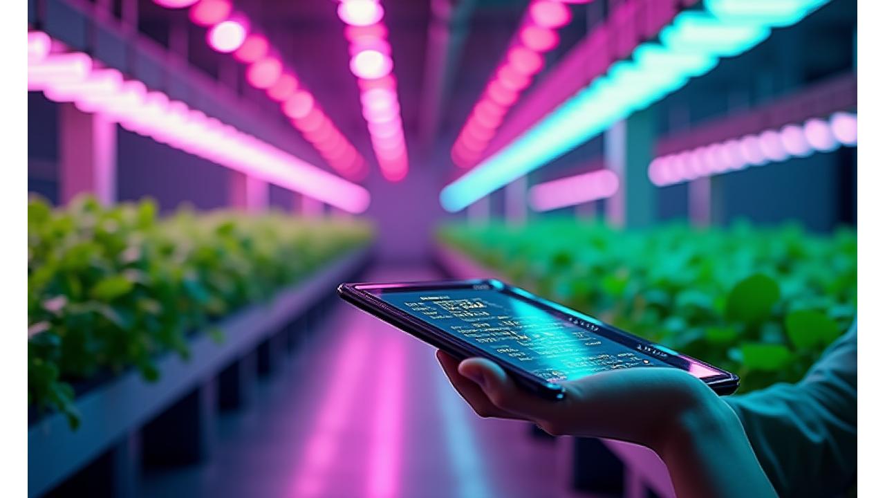 Un invernadero moderno con sistemas de riego y luces LED automatizados, mostrando cultivos verticales y tecnología hidropónica. En el centro, una tableta muestra datos de crecimiento de plantas y eficiencia energética.