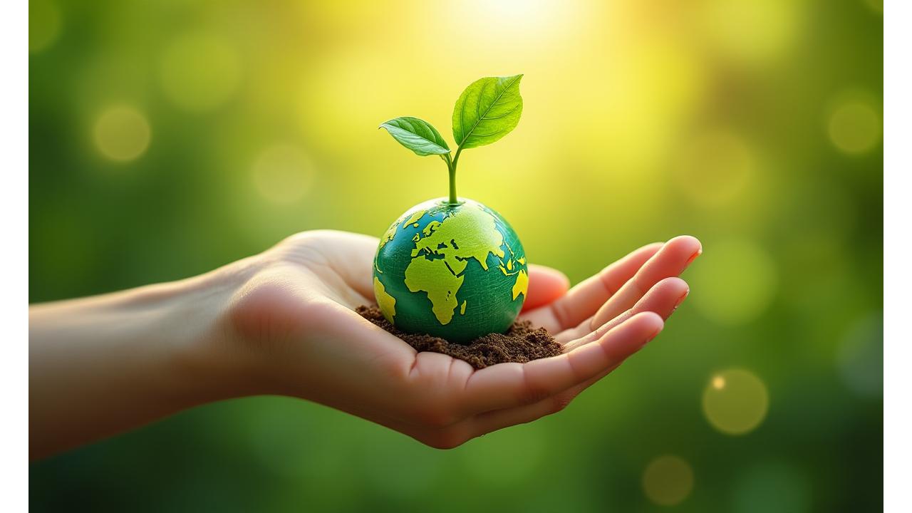 Mano sosteniendo una flor delicada con raíces en un globo terráqueo verde, simbolizando sostenibilidad.