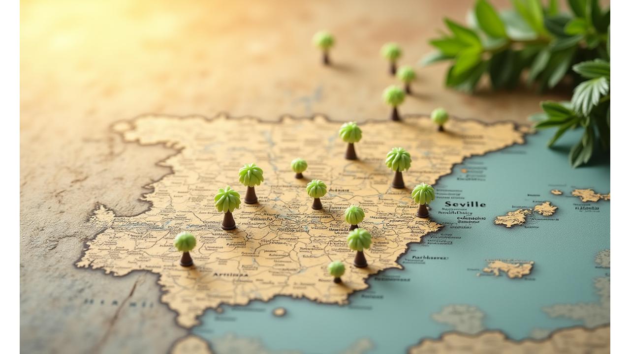 Mapa detallado de la provincia de Sevilla con marcadores de flores en puntos que representan granjas de cultivo local, destacando proximidad a la ciudad.