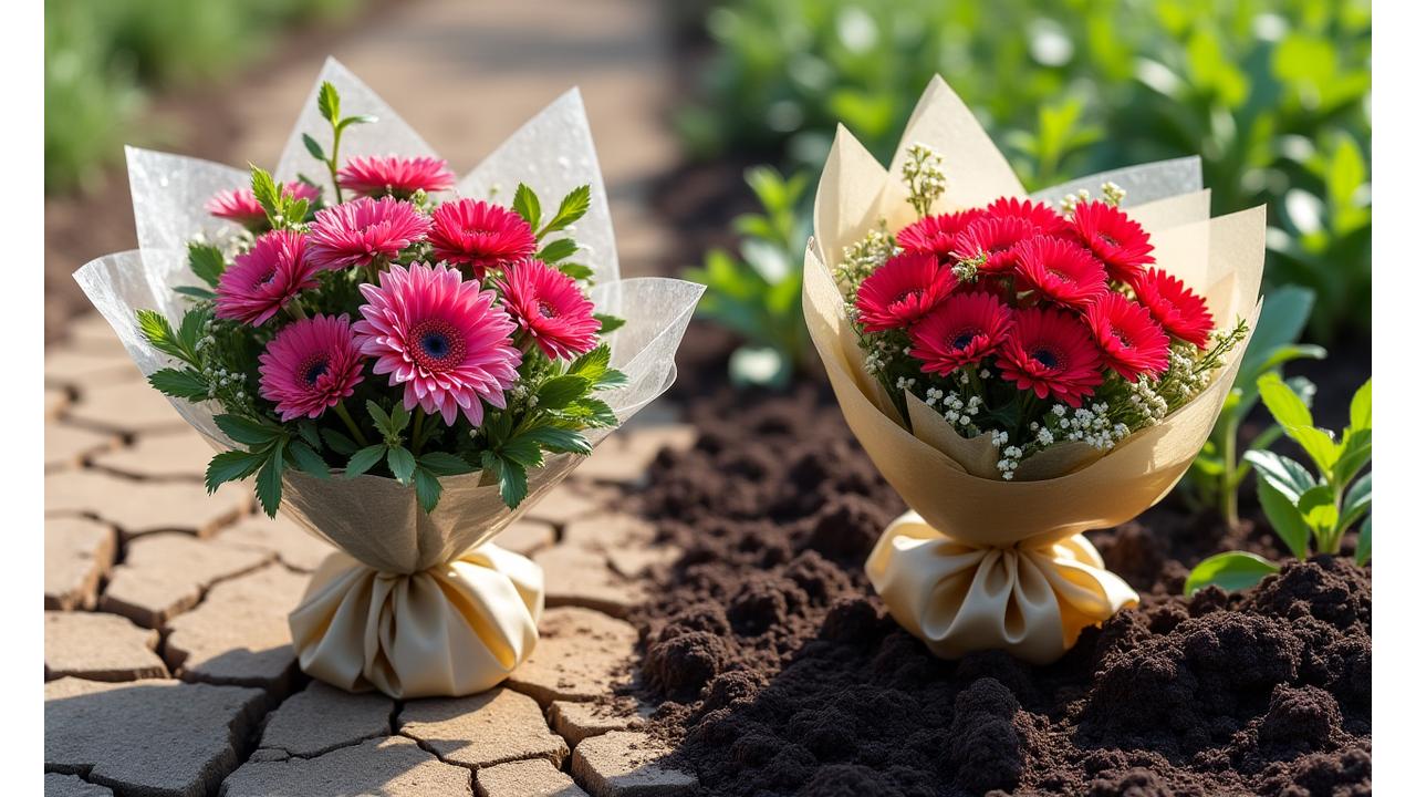 Dos arreglos florales idénticos, uno en un envoltorio de plástico tradicional deteriorado y otro en un envoltorio de papel de almidón de maíz completamente descompuesto en abono después de 6 meses.