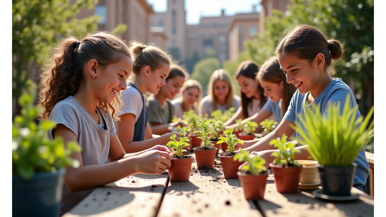 Un grupo de personas sonrientes, incluyendo niños y adultos,participando en un taller de jardinería urbana, plantando semillas en macetas de arcilla reutilizables. Hay herramientas de jardinería y tierra orgánica en la mesa.
