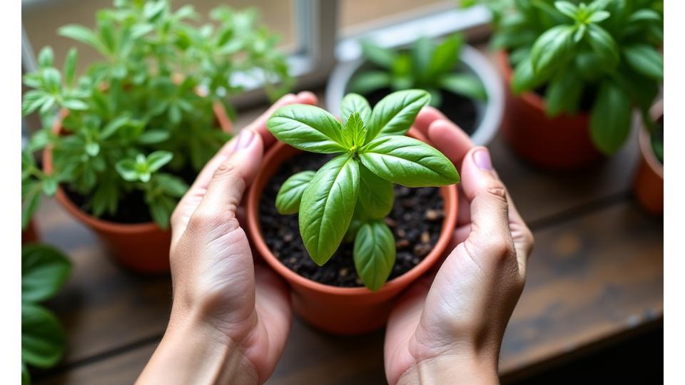 Manos cosechando hojas de albahaca fresca de una planta en maceta en una cocina soleada, con otras hierbas en el fondo.